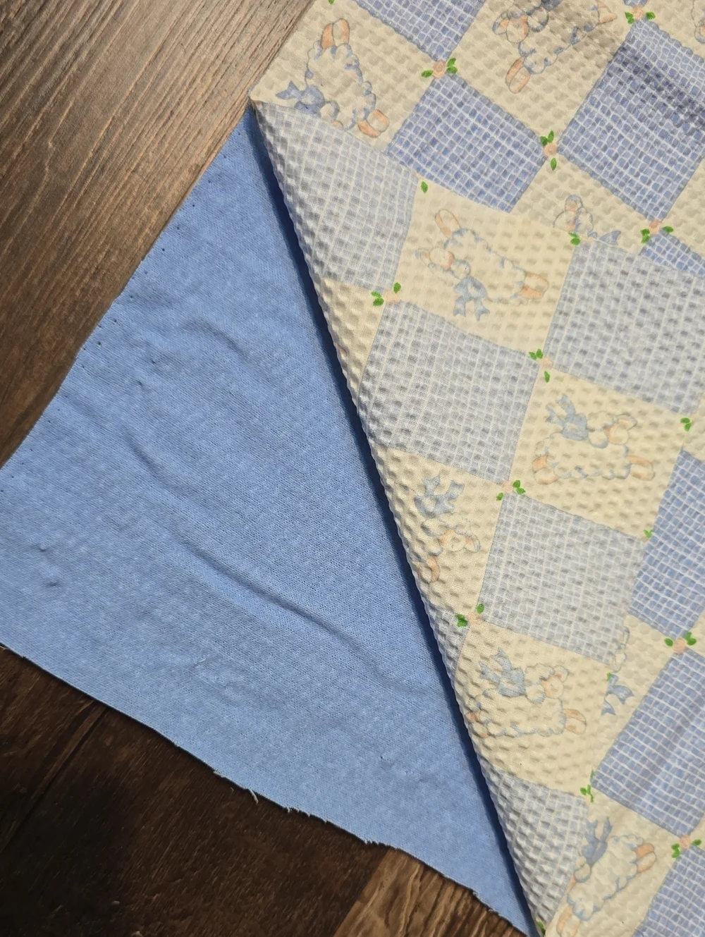 Blue and Cream Baby Lamb Quilted Blanket fabric cut out, needs to be sewn